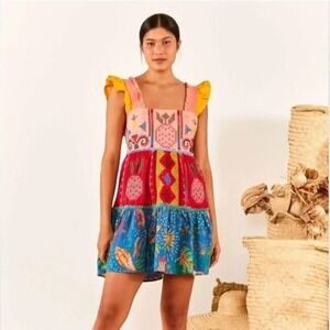 FARM‎ Rio Embroidered Tiered Cotton Dress Bohemian Size Medium
